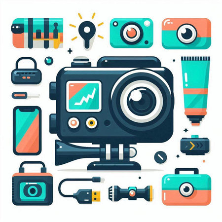 Photography equipment. Camera, flash, camera, lens, flash, flash. Vector illustrationのイラスト素材