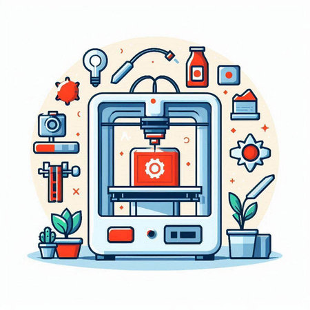 3d printer flat color vector illustration. Modern technology, innovation and innovation conceptのイラスト素材