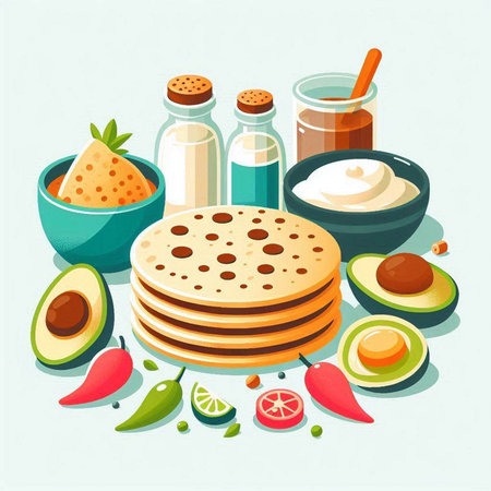 Vector illustration of a set of ingredients for making pancakes. Flat designのイラスト素材