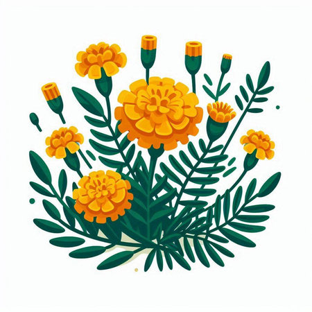 Marigold flowers with green leaves on white background. Vector illustration.のイラスト素材
