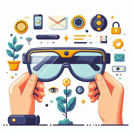 Vector illustration of hand holding virtual reality glasses on white background with flat design elements.のイラスト素材