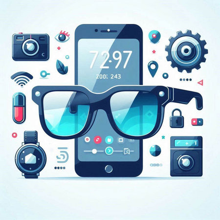 Smartphone with augmented reality glasses and icons set. Vector illustration.のイラスト素材