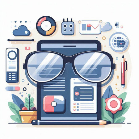 Vector illustration of laptop with glasses. Flat style design for web, site, advertising, banner, poster and print.のイラスト素材