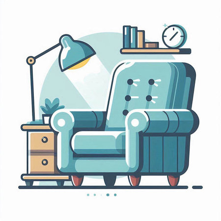 Vector illustration of armchair with lamp, bookshelf and clockのイラスト素材