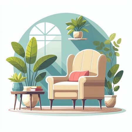 Living room interior with armchair and plants. Flat vector illustration.のイラスト素材