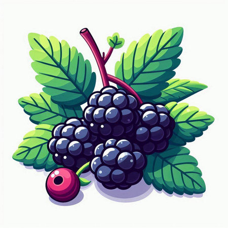 Blackberry with leaves on a white background. Vector illustration in cartoon style.のイラスト素材