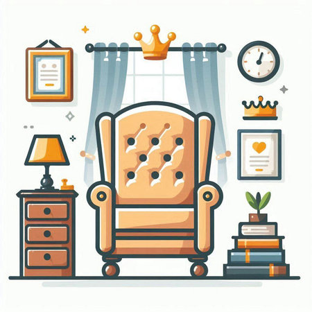 Vector illustration in flat design style. Armchair, books, lamp, picture frame, clock.のイラスト素材