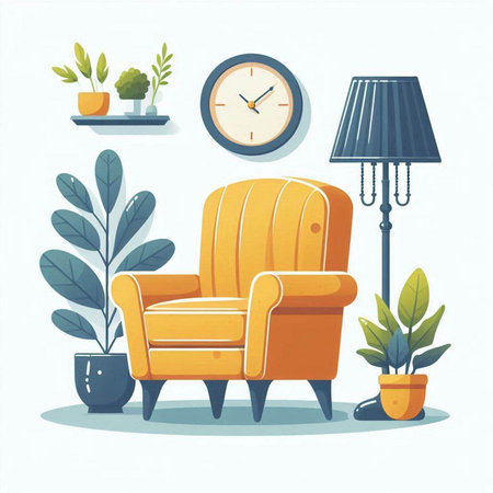 Vector illustration of living room interior with armchair, lamp, potted plants, clock and clock.のイラスト素材