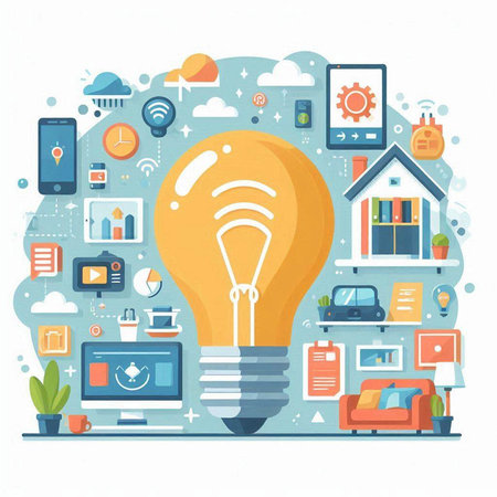 Flat design modern vector illustration concept of smart home and internet of things, smart house, smart car, lightbulb, cloud computing, smart home, internet of things.のイラスト素材