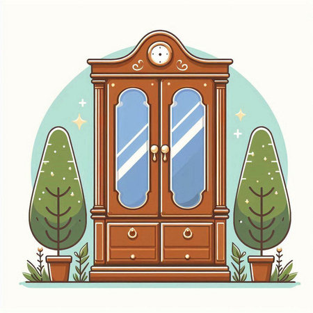 Wooden cabinet with mirror in the park. Vector illustration in flat styleのイラスト素材