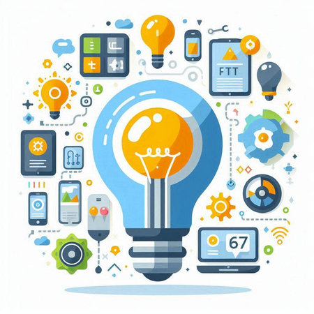 Flat design modern vector illustration concept of creative thinking, innovative solutions, brainstorming, inspiration, innovation. Creative lightbulb with icons.のイラスト素材