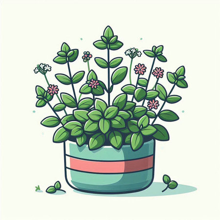 Illustration of a flowerpot with oregano. Vector illustration.のイラスト素材