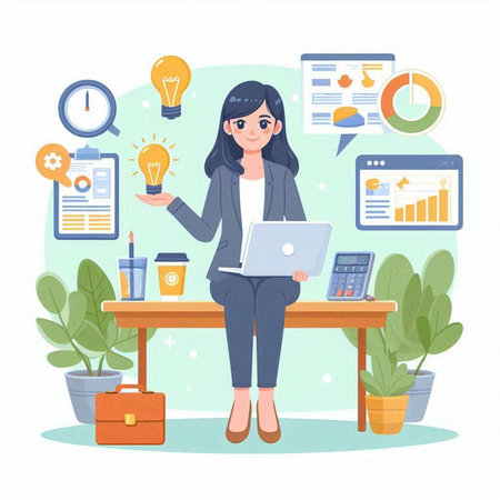 Business woman sitting at desk with laptop. Vector illustration in flat styleのイラスト素材