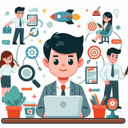 Vector illustration of business people working in office. Flat style design.のイラスト素材