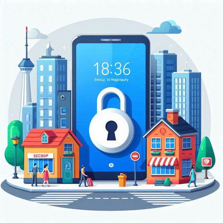 Smartphone with padlock on the background of the city. Vector illustrationのイラスト素材
