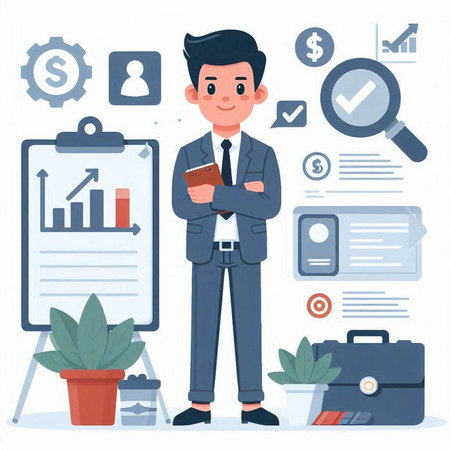 Businessman standing with a briefcase and a document. Vector illustration.のイラスト素材
