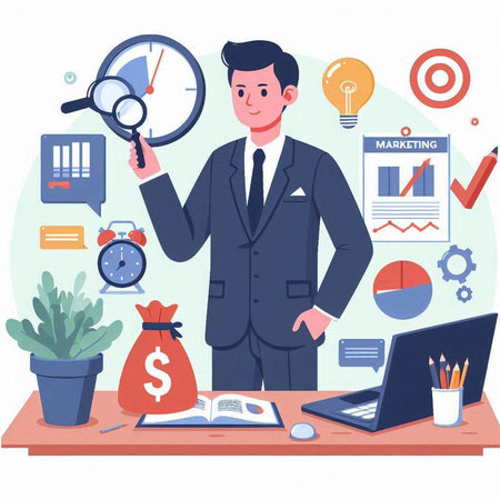 Businessman working in office. Vector illustration in a flat style.のイラスト素材