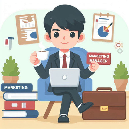 Businessman with laptop and coffee. Vector illustration in cartoon style.のイラスト素材