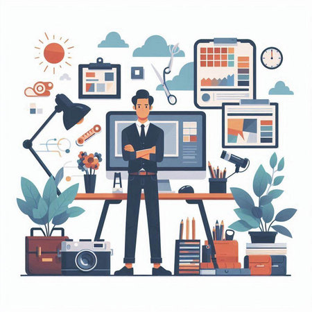 Vector illustration of businessman working on computer in office. Flat design.のイラスト素材