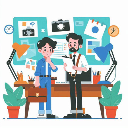 Businessman working in office. Male character in casual clothes standing in front of desk and looking at camera. Flat vector illustration.のイラスト素材
