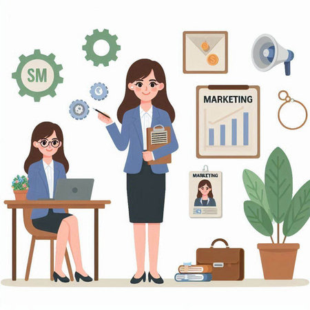 Business woman working in office. Vector illustration in a flat style.のイラスト素材