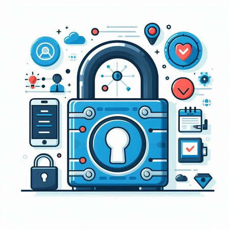 Cyber security concept with padlock and icons. Vector illustration.のイラスト素材