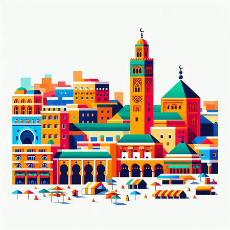 Colorful buildings in the city. Vector illustration in flat style.のイラスト素材