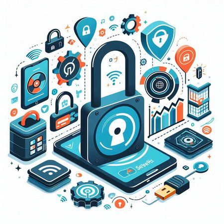 Internet security and data protection concept. Isometric 3d vector illustration of padlock, smartphone, mobile phone, lock, password, fingerprint scanner, password, keypad on white background.のイラスト素材