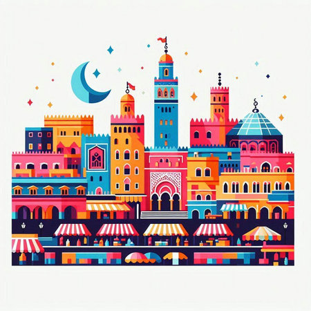 Colorful cartoon illustration of Ramadan Kareem greeting card with mosque and mosqueのイラスト素材