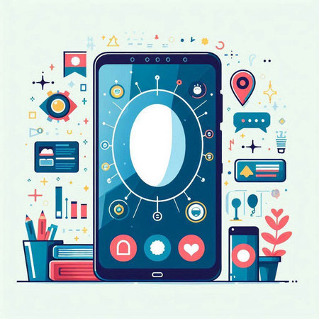 Smartphone with social media app on the screen. Vector illustration.のイラスト素材