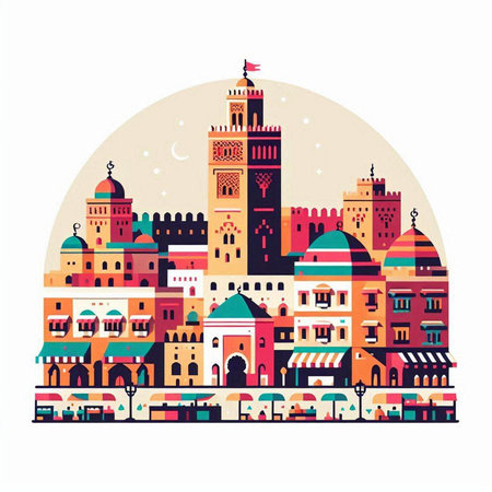 Vector illustration of Ramadan Kareem greeting card with mosque, mosque and streetのイラスト素材