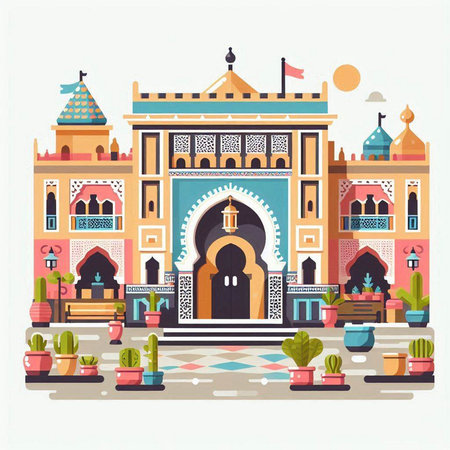 Traditional indian architecture. Vector illustration in flat style. Indian architecture.のイラスト素材