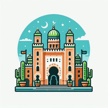 Vector illustration of mosque in flat style. Ramadan Kareem greeting card.のイラスト素材
