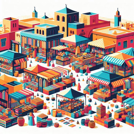 Colorful isometric city with buildings and shops. Vector illustration.のイラスト素材