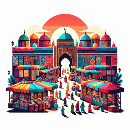 Colorful islamic market in the evening. Vector illustration.のイラスト素材