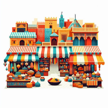 Colorful illustration of a street food market in Dubai, United Arab Emiratesのイラスト素材