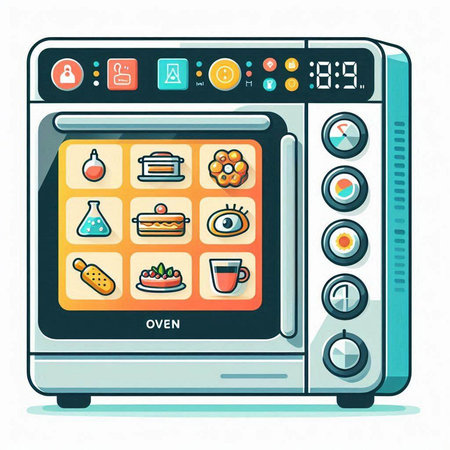 Microwave oven with different food icons. Vector illustration in flat styleのイラスト素材