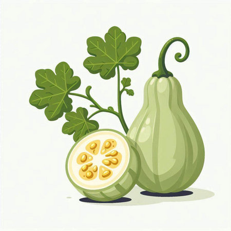 Pumpkin with green leaves on a white background. Vector illustration.のイラスト素材