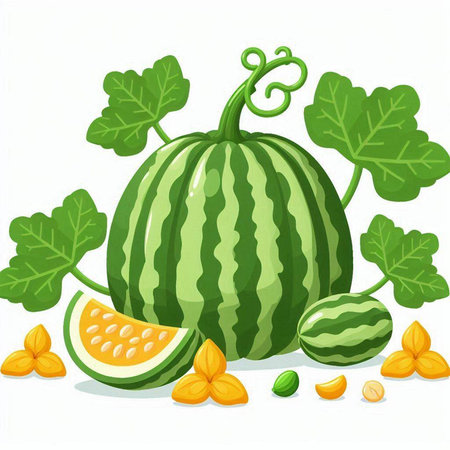 Illustration of a Watermelon with Melon and Leaves on a White Backgroundのイラスト素材