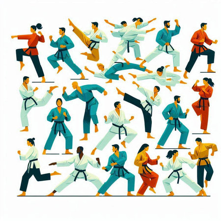 Taekwondo. Vector illustration in a flat style. Set of characters.のイラスト素材