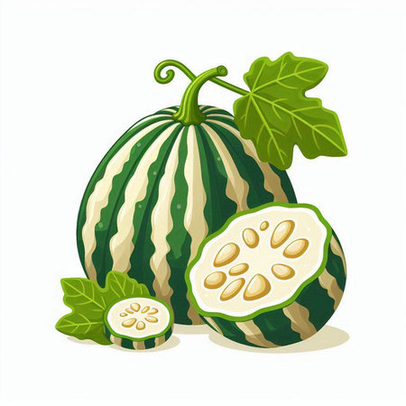 Illustration of a whole and half watermelon with leaves on a white backgroundのイラスト素材