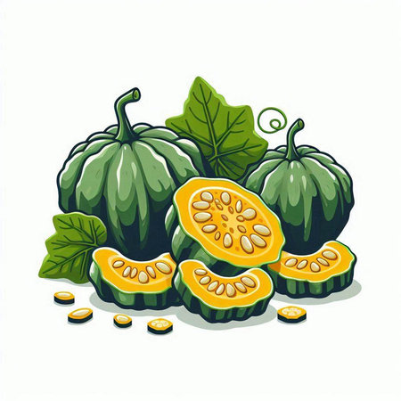 Pumpkin with slices and leaves isolated on white background. Vector illustration.のイラスト素材