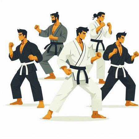 Tae Kwon Do fighters. Vector illustration of a group of karate fighters.のイラスト素材