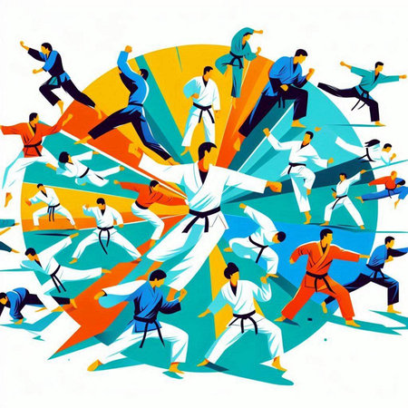 Taekwondo. Vector illustration of a group of people practicing karate.のイラスト素材