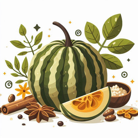 Watermelon, cinnamon, star anise and nuts. Vector illustration.のイラスト素材
