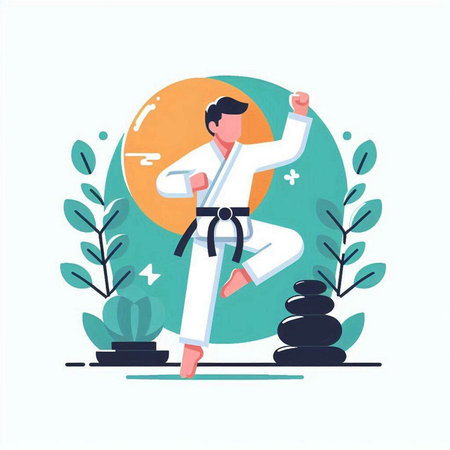 Taekwondo. Young man in a kimono practicing martial arts. Flat vector illustration.のイラスト素材