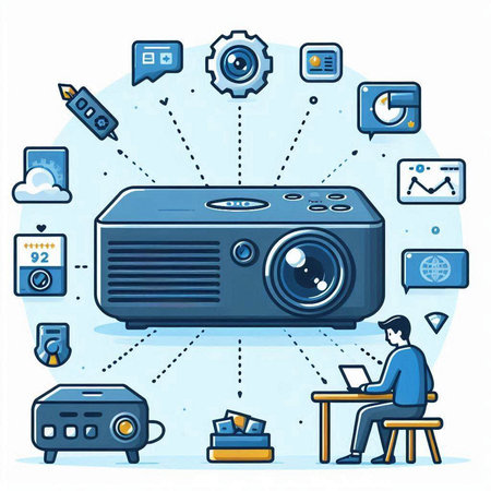 Vector illustration of a man working with a projector on white background.のイラスト素材