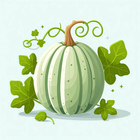 Pumpkin with green leaves on a light background. Vector illustration.のイラスト素材