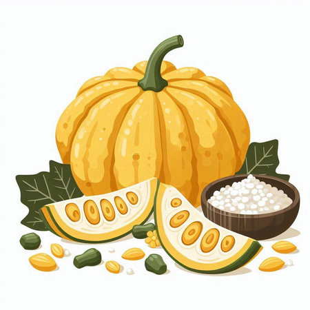 Pumpkin with seeds and grains isolated on white background. Vector illustration.のイラスト素材