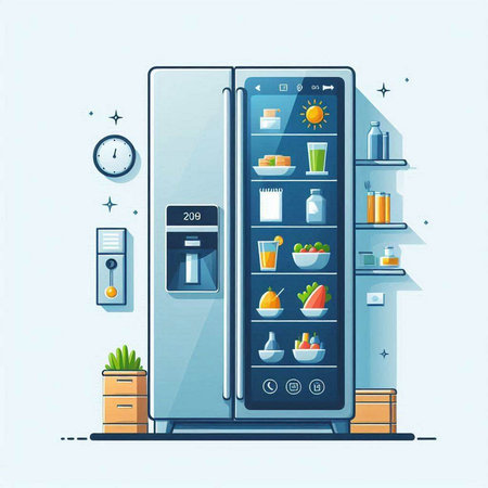 Refrigerator with various food products. Vector illustration in flat styleのイラスト素材